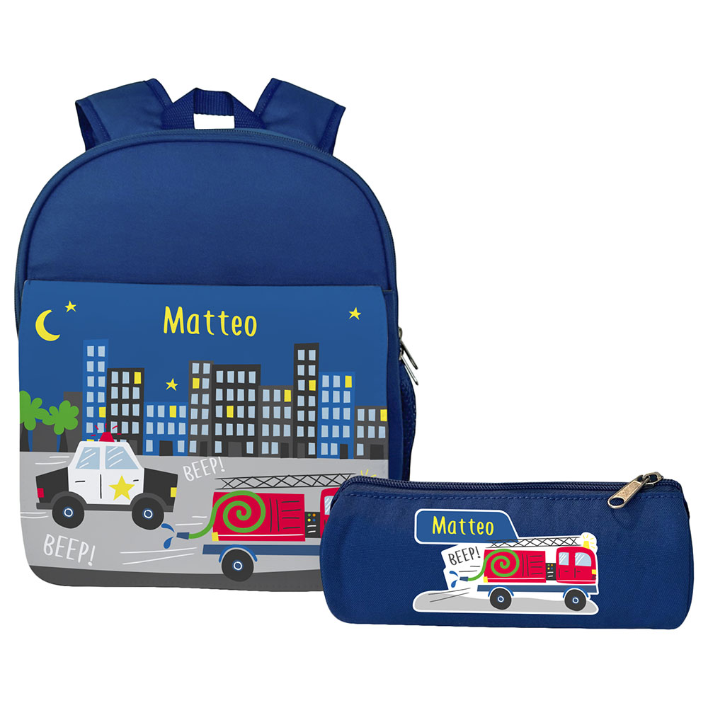 Essmak - Personalized Backpack & Pencil Case - Emergency Vehicles - 12-Inch/30.5cm