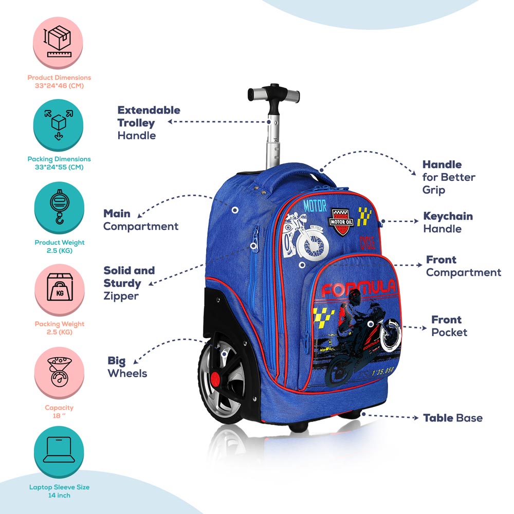 Eazy Kids - Trolley School Bag & Pencil Case - Blue - 18-Inch/46cm