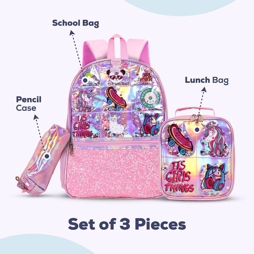 Eazy Kids - Backpack 17-Inch with Lunch Bag & Pencil Case - Girl Things