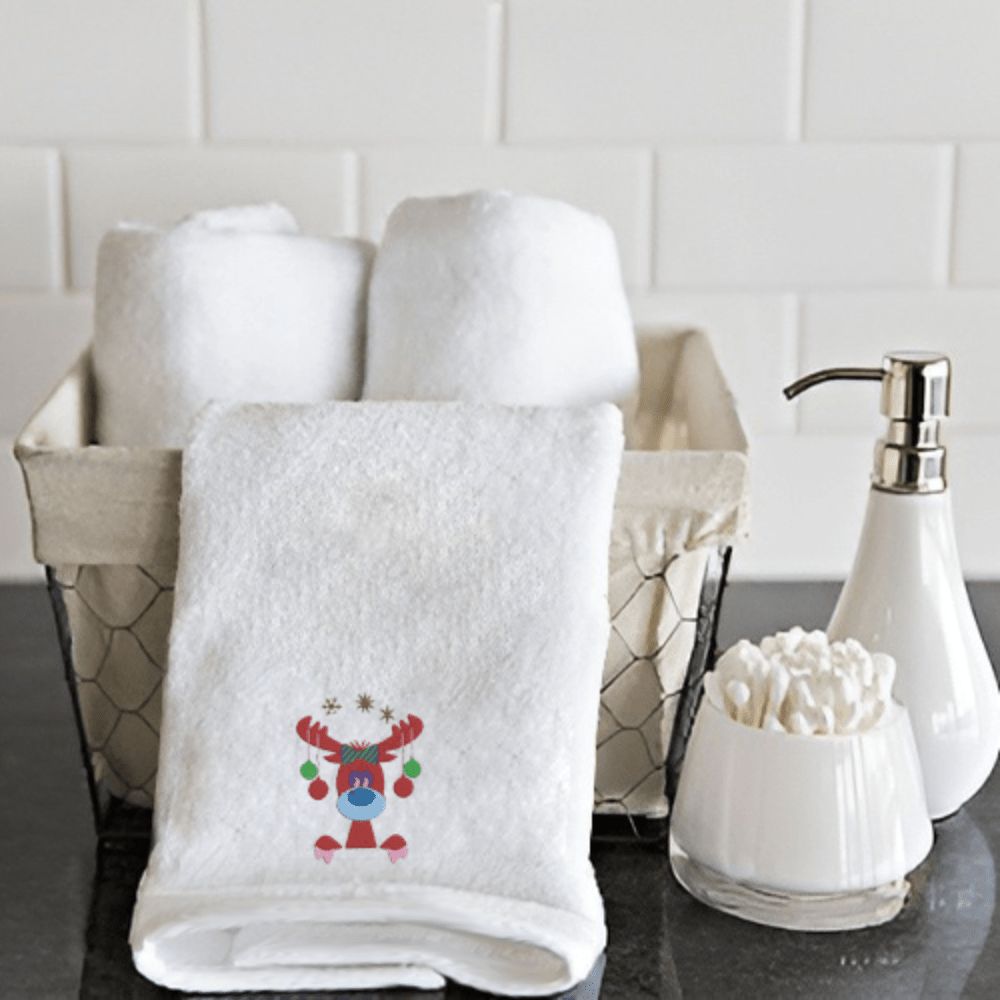 Byft - Iris Embroidered Hand Towel - Reindeer With Christmas Ornament