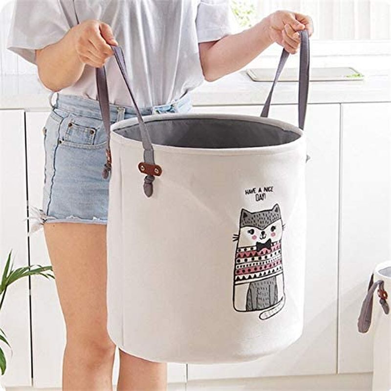 Home Canvas Owl Round Laundry Storage Basket Baby Toy - Grey