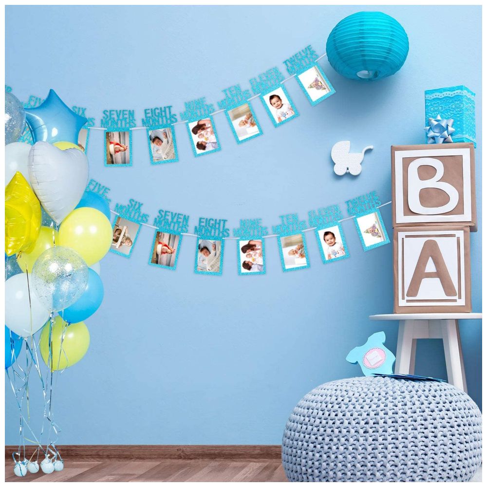 Highland - New Born - 12 Months Photo Banner for First Birthday Decoration - Blue