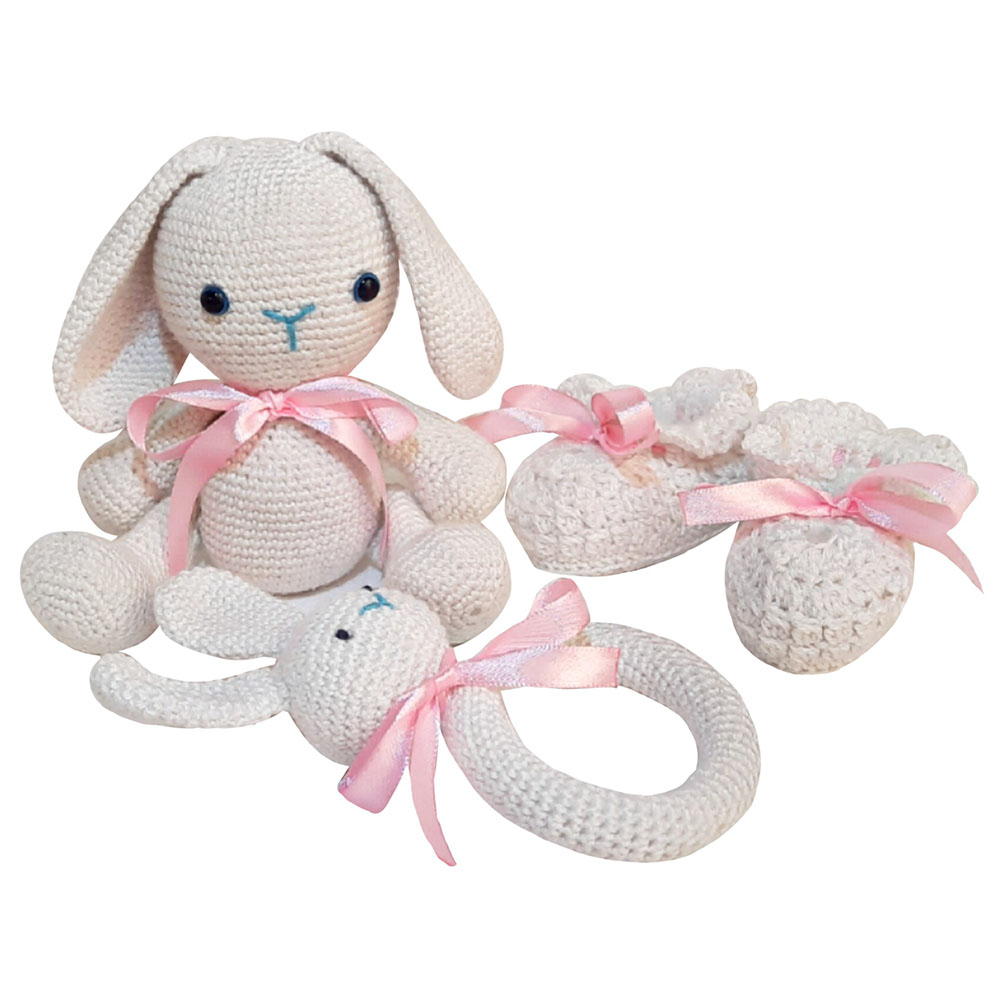 Pikkaboo Snuggle & Play Soft Crocheted Bunny Set White/Pink