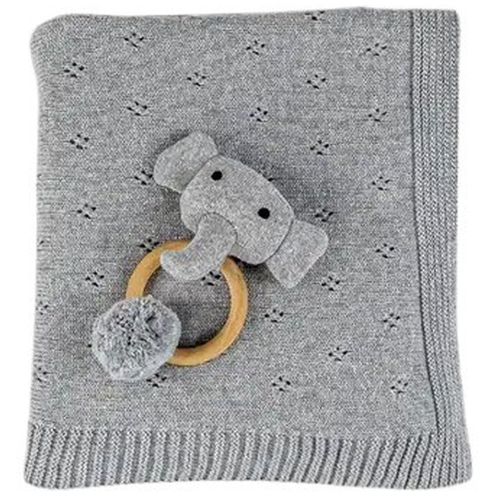 Bumble & Bird Cozy Cocoon Knitted Cotton Blanket - Grey | 100% Organic Swaddle with Attached Rattle Toy