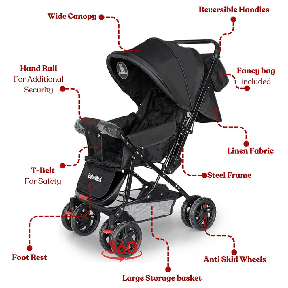 Bebesitos - Reversible Baby Stroller With Shoulder Bag For Moms - Black