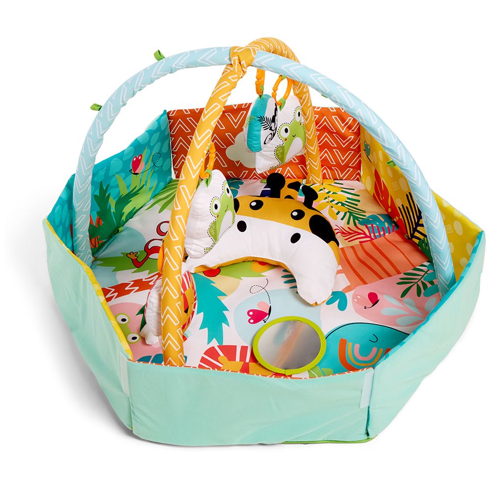 Little Learners Hexagonal Jungle Activity Play Mat | Sensory Tummy Time Gym with 15 Toys & Mirror