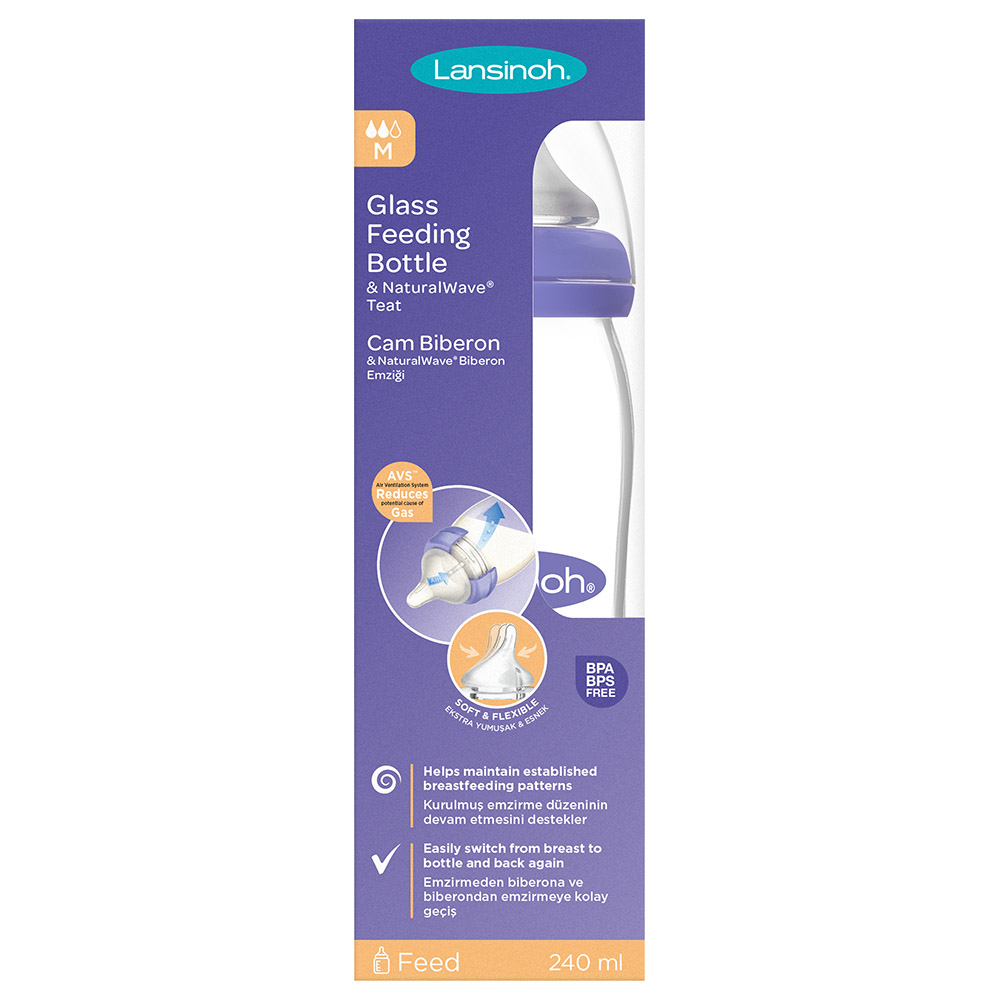 Lansinoh - Glass Feeding Bottle With Natural Wave Teat - 240 ml