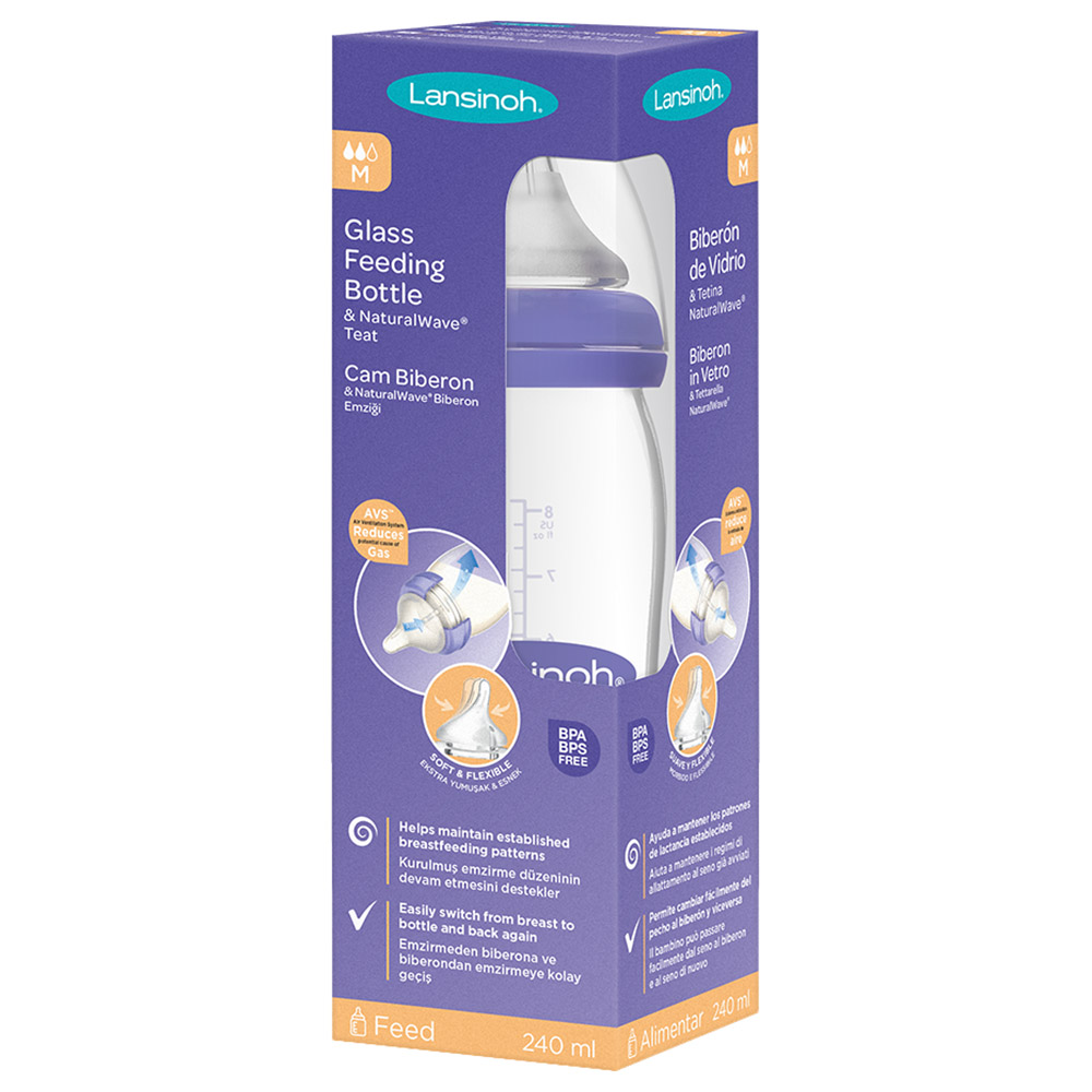 Lansinoh - Glass Feeding Bottle With Natural Wave Teat - 240 ml