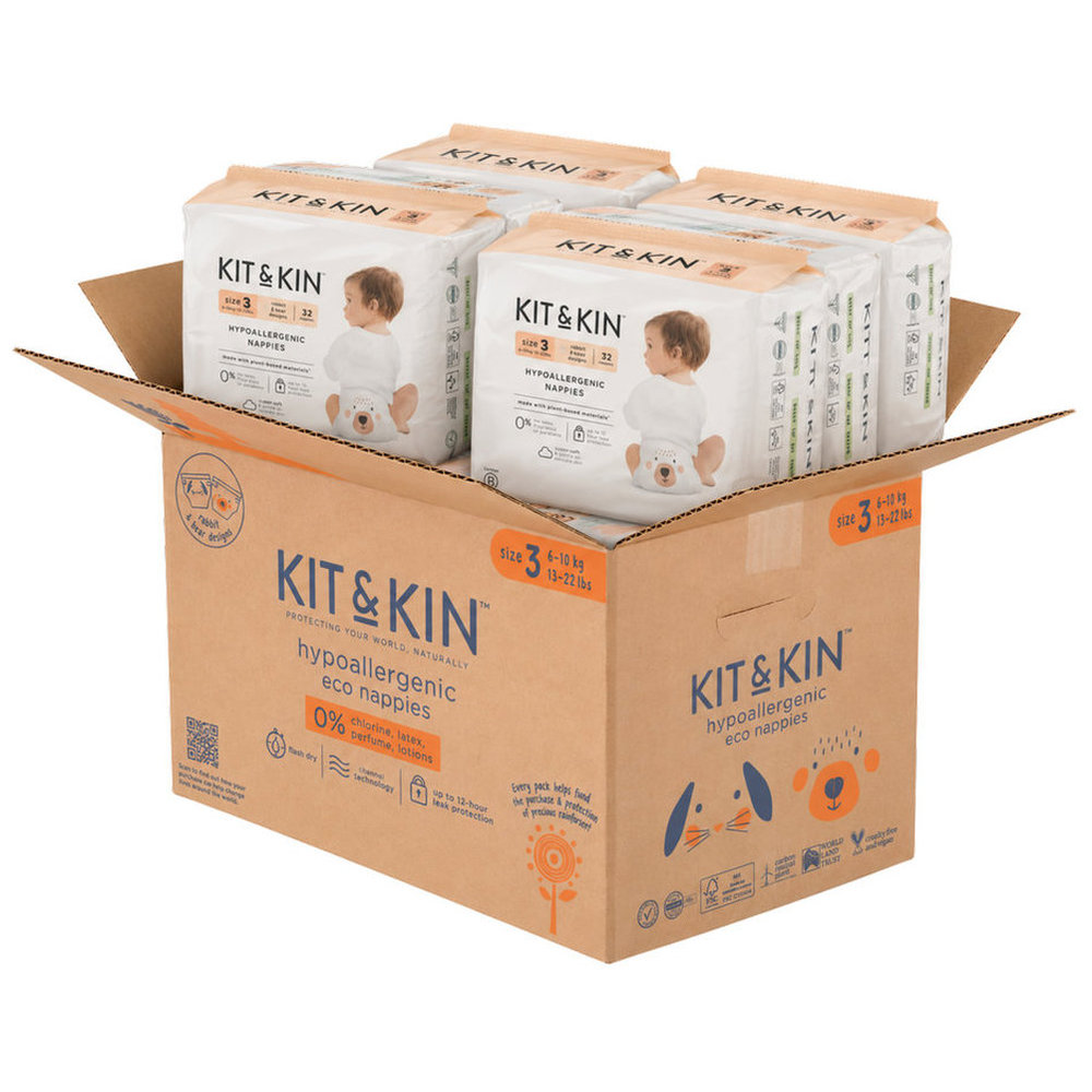 Kit & Kin - Eco Diapers Size 3 - Pack of 4 - up to 12hrs - 128 Diapers