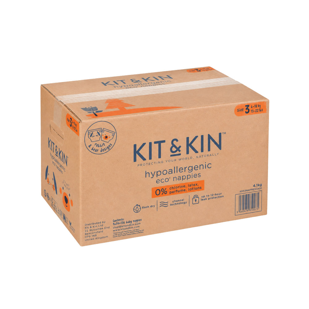 Kit & Kin - Eco Diapers Size 3 - Pack of 4 - up to 12hrs - 128 Diapers