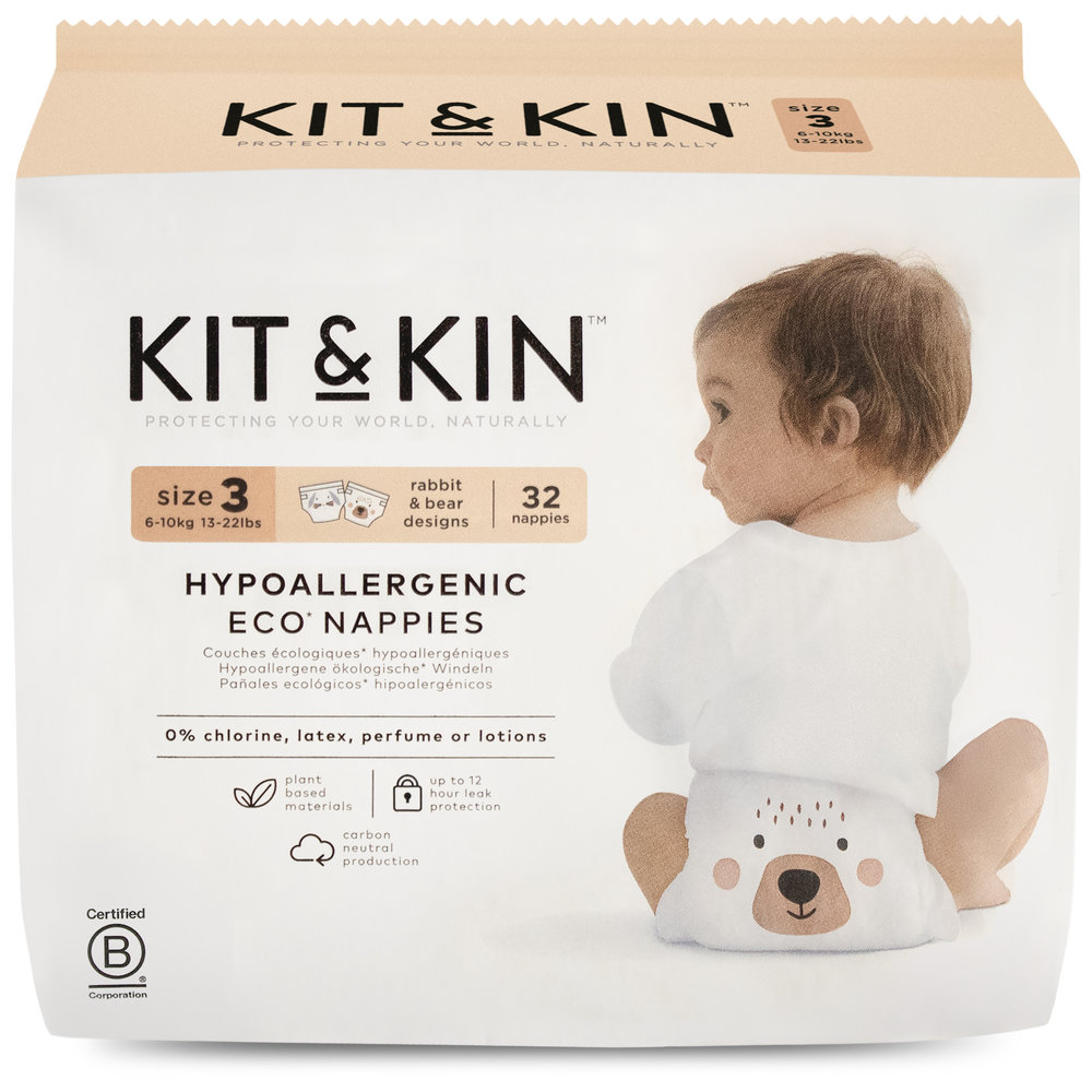 Kit & Kin - Eco Diapers Size 3 - Pack of 4 - up to 12hrs - 128 Diapers