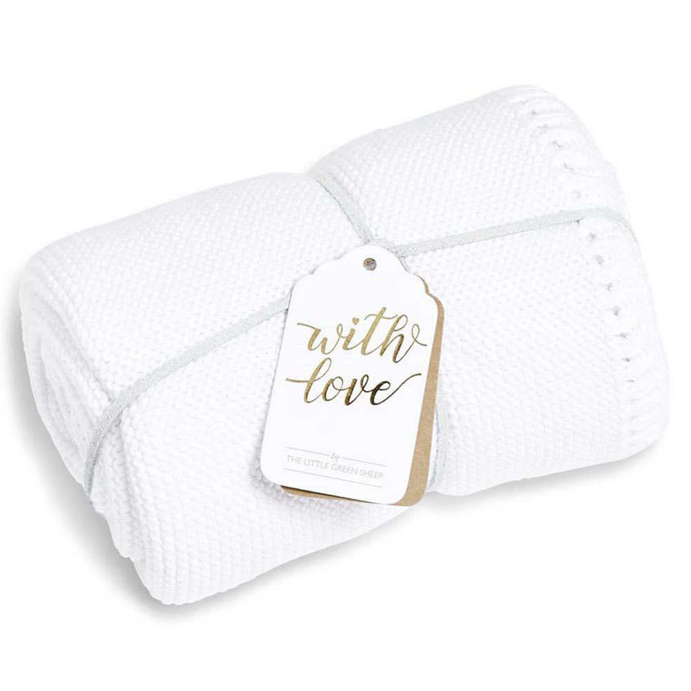 The Little Green Sheep - Knitted Cellular Baby Blanket White