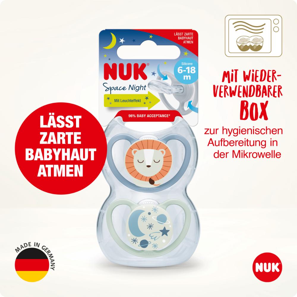 NUK - Space Night Silicone Soother 6-18m 2pc - Lion & Stars