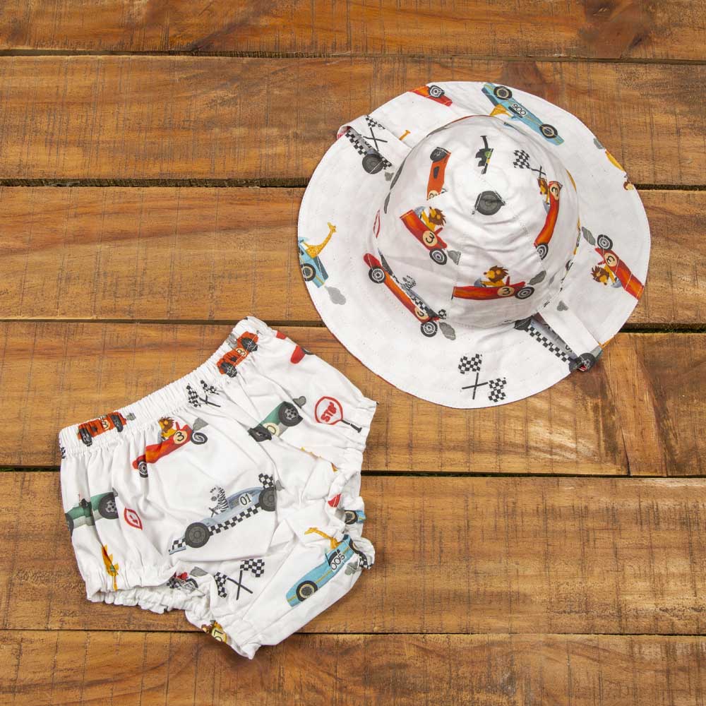 Little West Street - Racing Cars Organic Sun Hat - White/Red