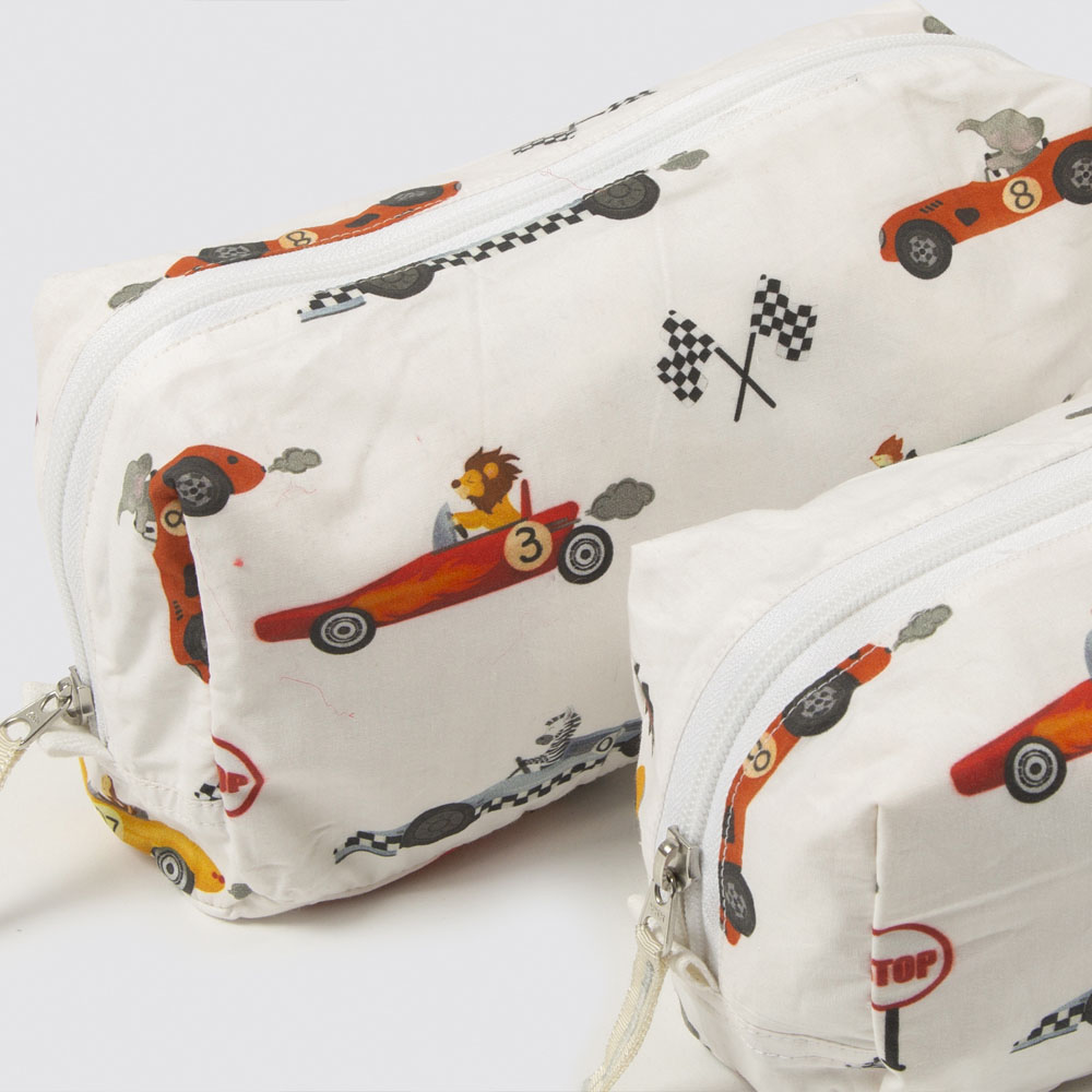 Little West Street - Racing Cars Travel Pouch-2pc-Set White