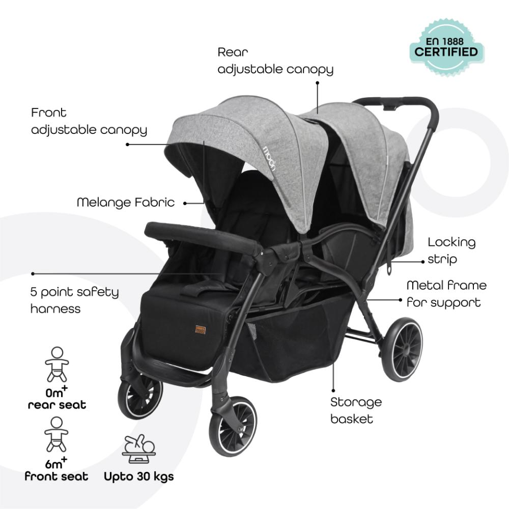 Moon - Dois Foldable Twin Stroller - Grey
