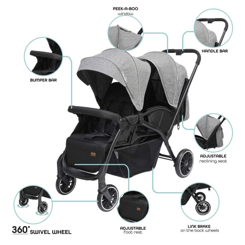 Moon - Dois Foldable Twin Stroller - Grey