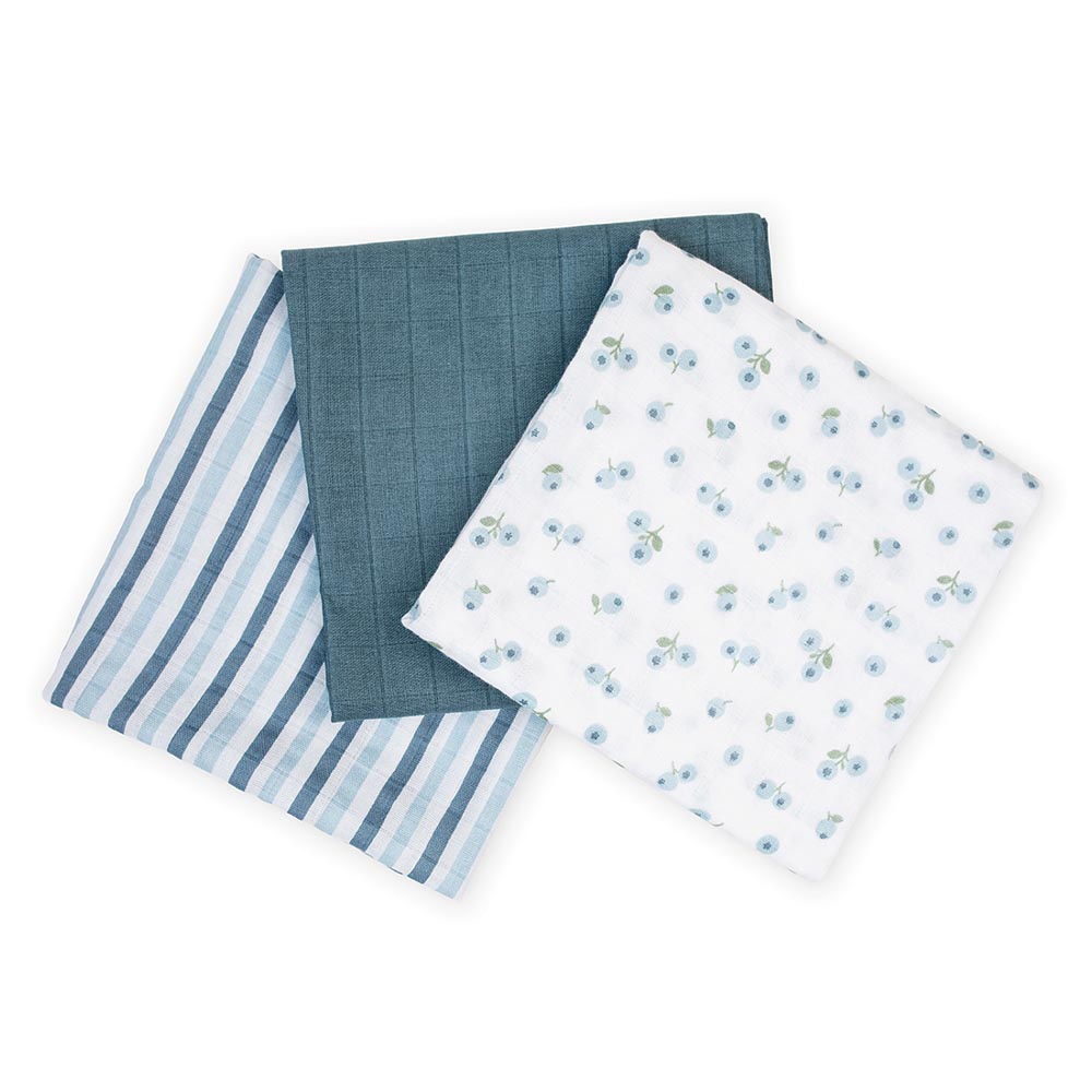 Lulujo - 3pc-Set - Mini Muslin Cloths - Blueberries