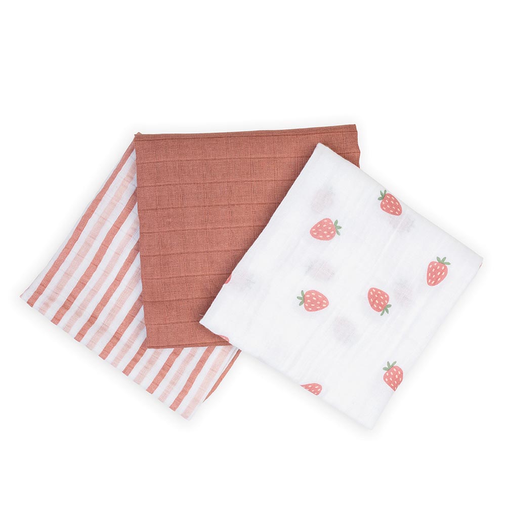 Lulujo - 3pc-Set - Mini Muslin Cloths - Strawberries