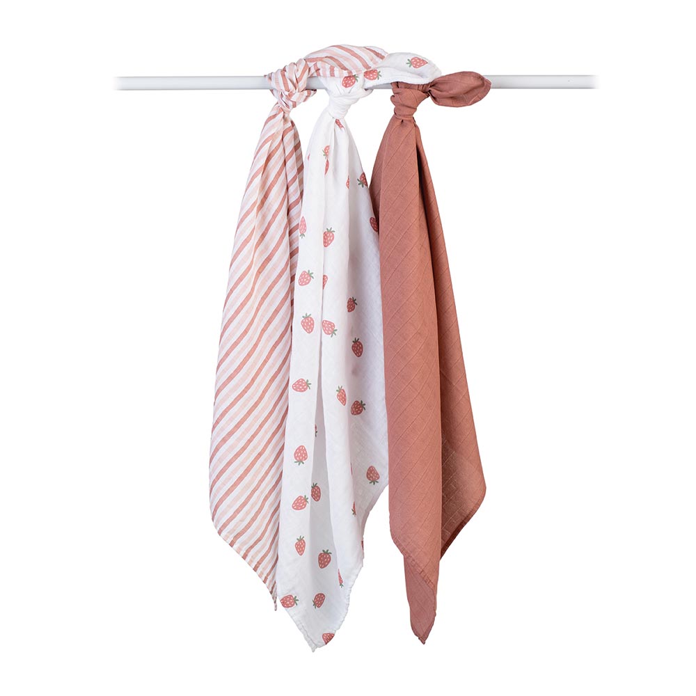 Lulujo - 3pc-Set - Mini Muslin Cloths - Strawberries