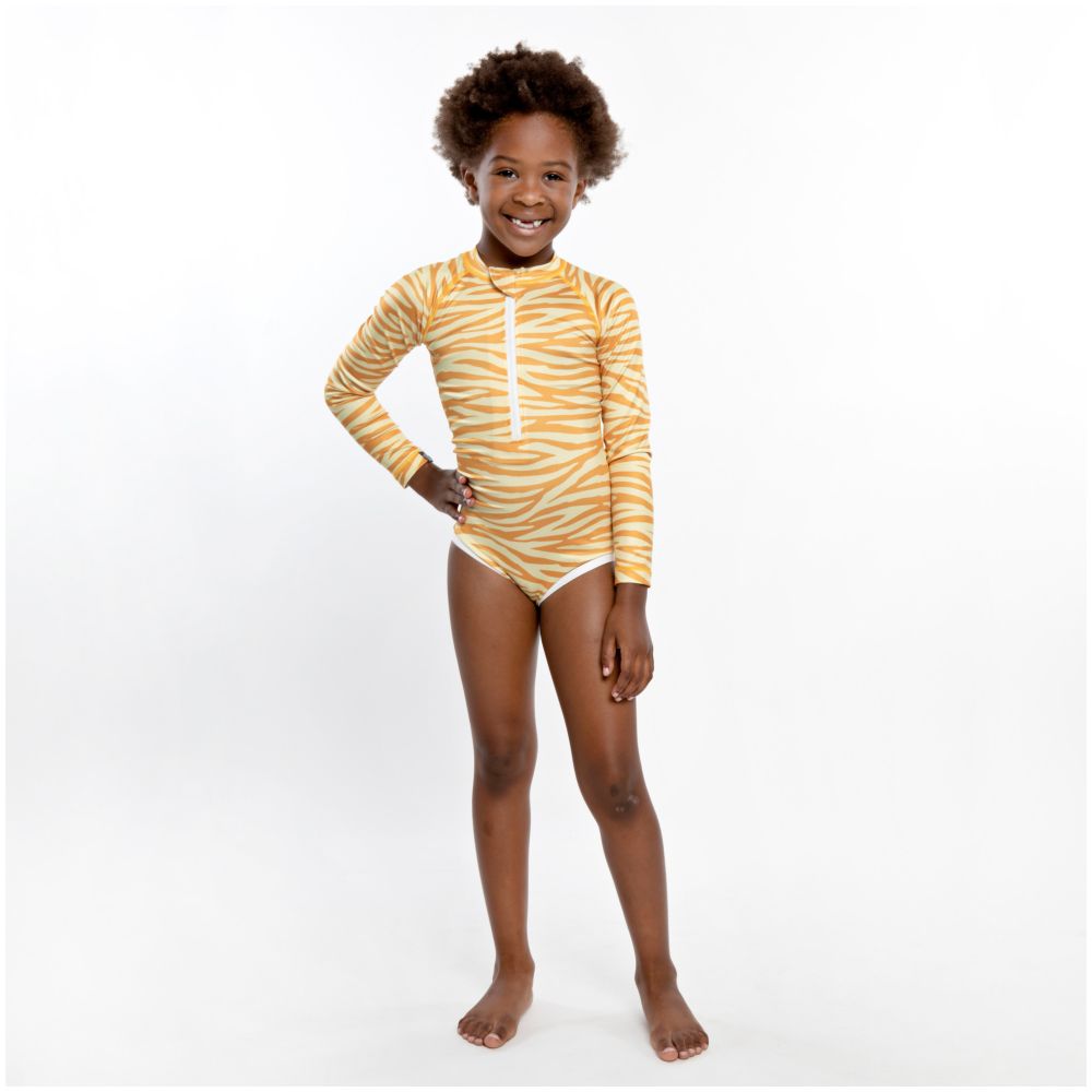Beach & Bandits Girls' Golden Tiger Long Sleeve Swimsuit