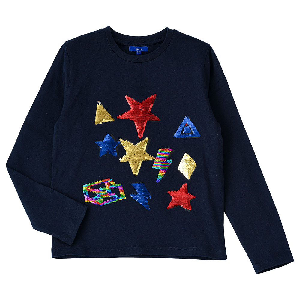 Jam Knit Full Sleeves with Sequin Print Top - Navy Blue