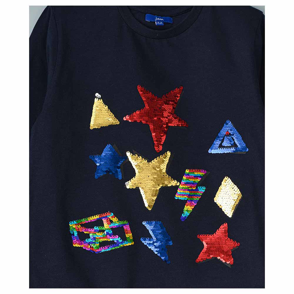 Jam Knit Full Sleeves with Sequin Print Top - Navy Blue