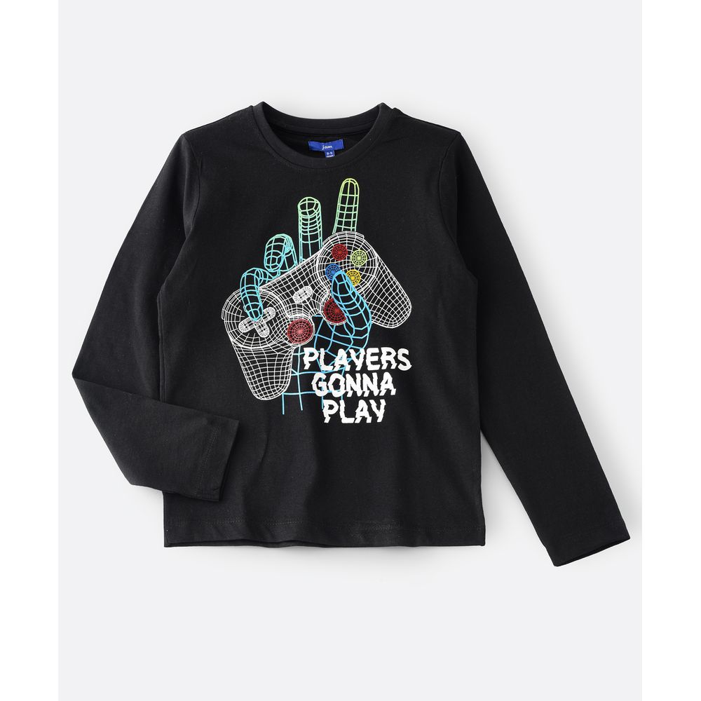 Jam Knit Full Sleeve T-Shirt with Print at Front - Black