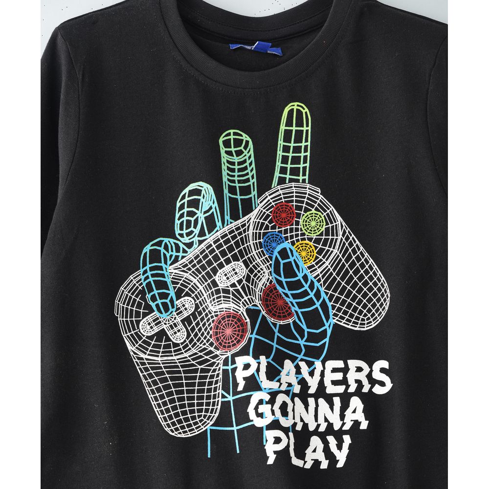 Jam Knit Full Sleeve T-Shirt with Print at Front - Black