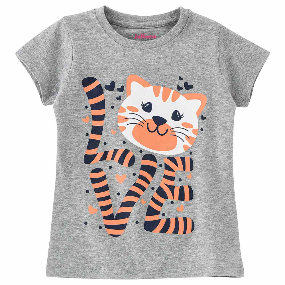 Jelliene Girls Basic Round Neck Graphic T-Shirt - Light Grey