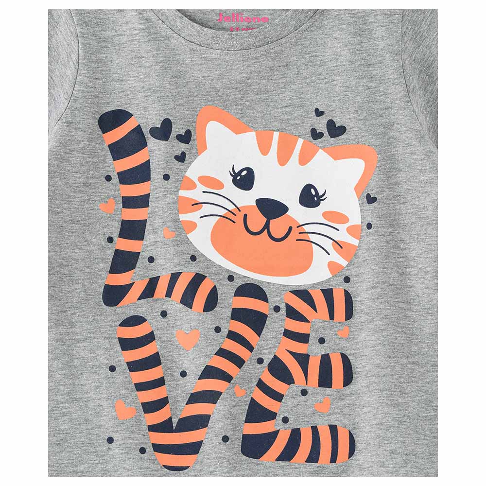 Jelliene Girls Basic Round Neck Graphic T-Shirt - Light Grey