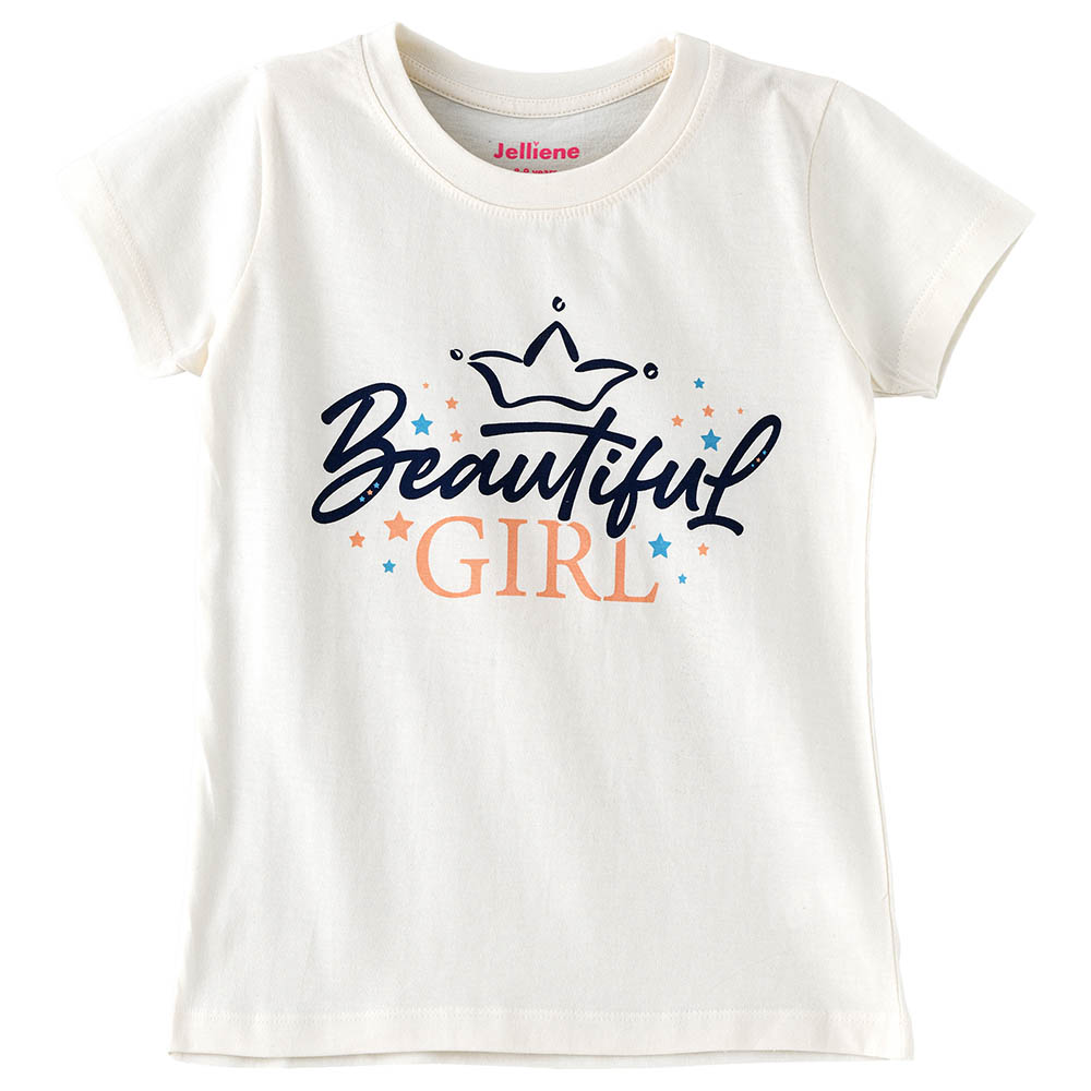 Jelliene Girls Basic Round Neck Graphic T-Shirt - Cream