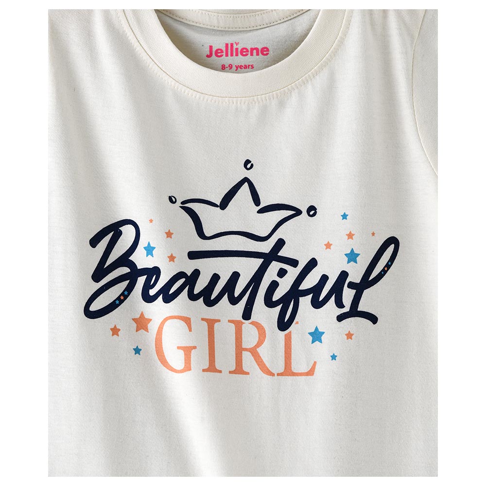 Jelliene Girls Basic Round Neck Graphic T-Shirt - Cream