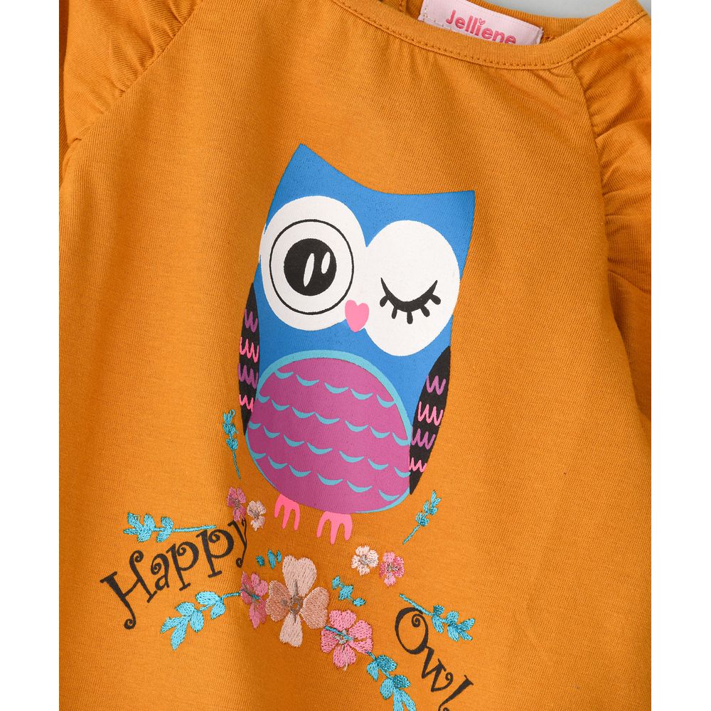 Jelliene Happy Owl Round Neck Knit Top - Yellow