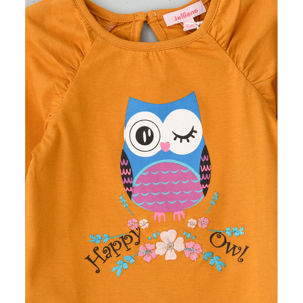 Jelliene Happy Owl Round Neck Knit Top - Yellow