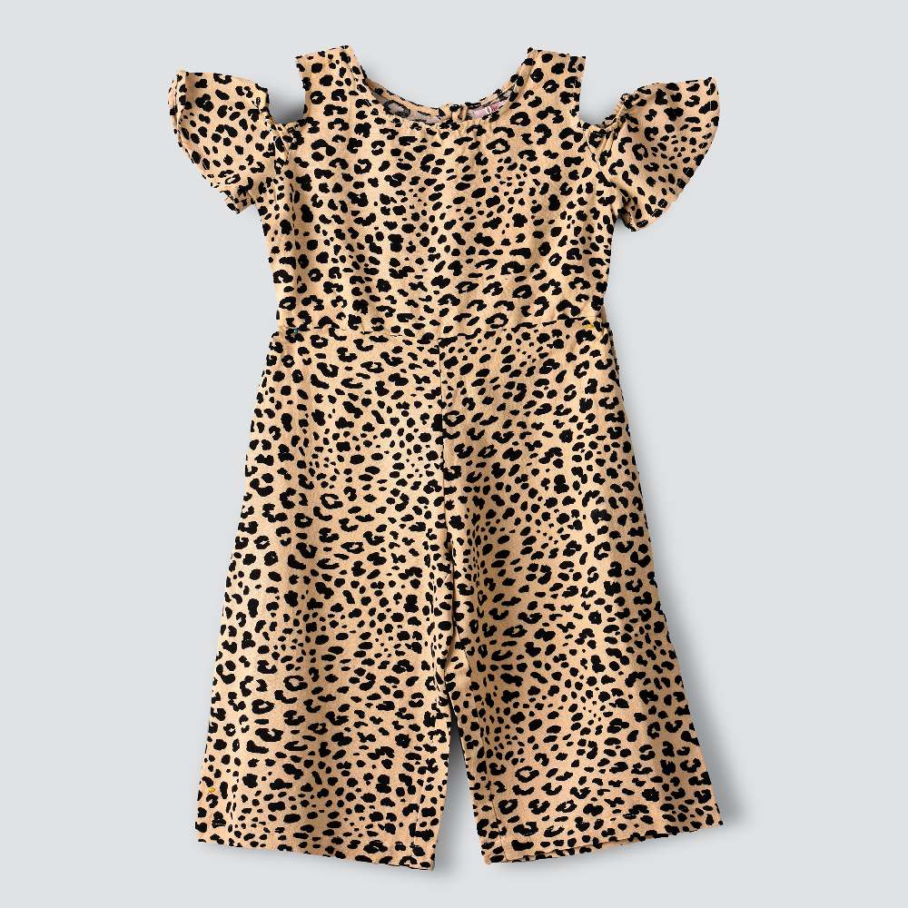 Jelliene Woven All-Over Print Jumpsuit with Cold Shoulder Sleeves - Brown