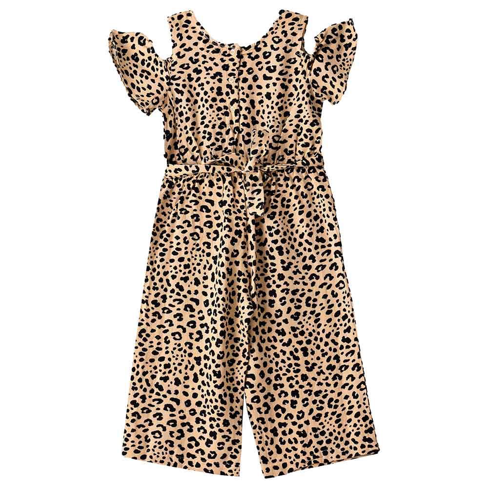 Jelliene Woven All-Over Print Jumpsuit with Cold Shoulder Sleeves - Brown