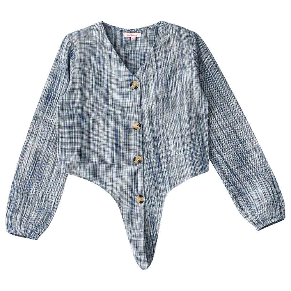 Jelliene Full Sleeve Woven Top with Front Button - Blue