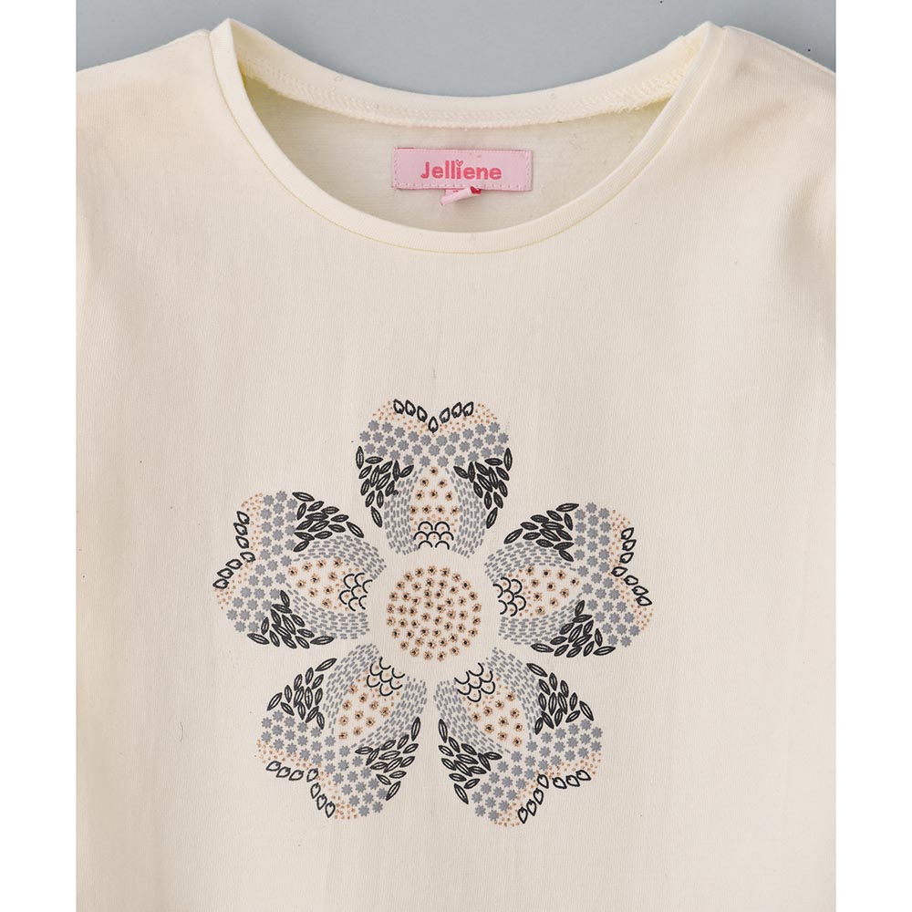 Jelliene Knit Round Neck Printed T-Shirt - Beige