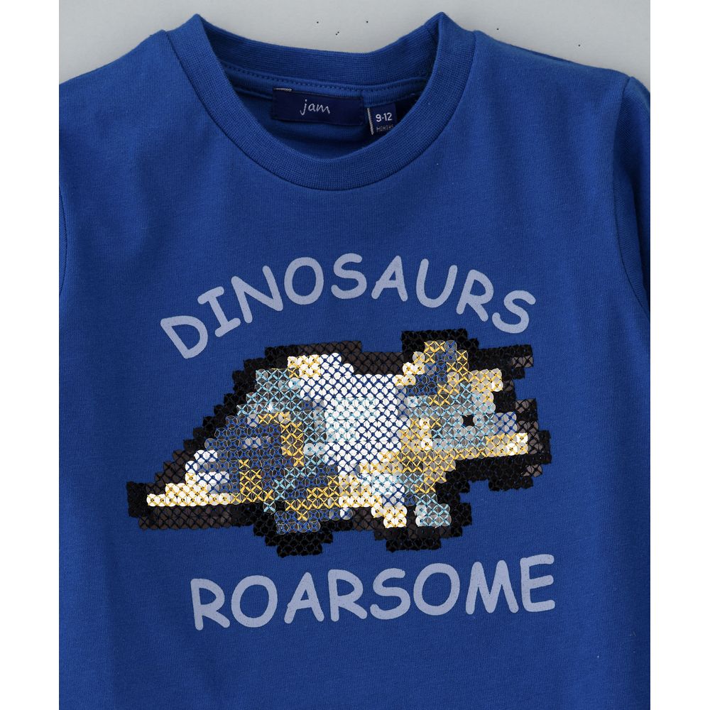 Jam Knit T-Shirt with Sequins Embroidery - Blue