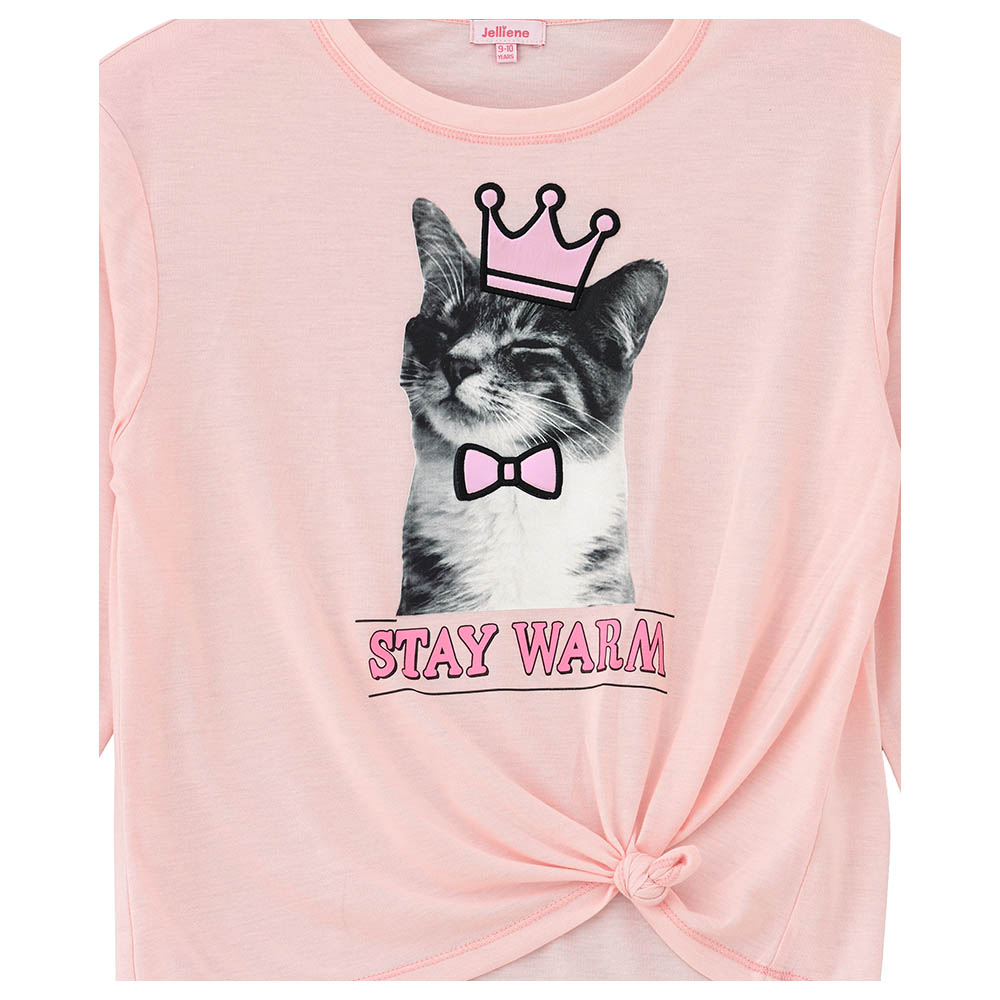 Jelliene Printed Round Neck Full Sleeve Knit T-Shirt - Light Pink