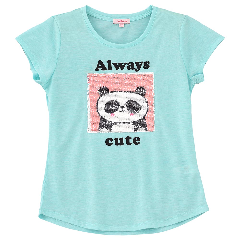 Jelliene Printed Sequins Short Sleeve Knit T-Shirt - Light Blue