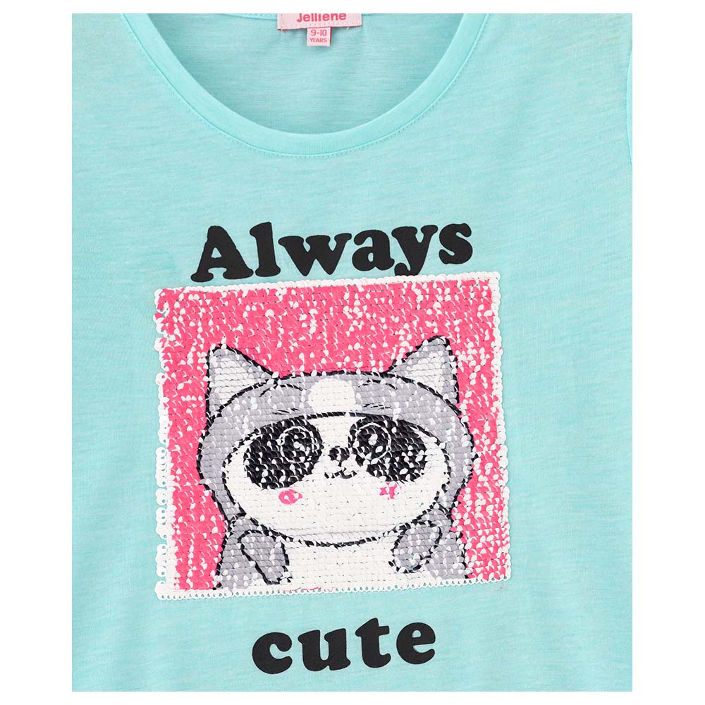 Jelliene Printed Sequins Short Sleeve Knit T-Shirt - Light Blue