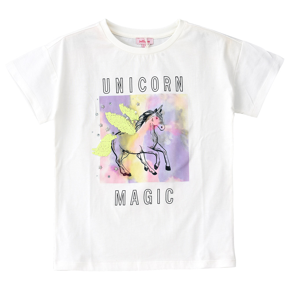 Jelliene Printed Round Neck Short Sleeve Knit T-Shirt - Ivory