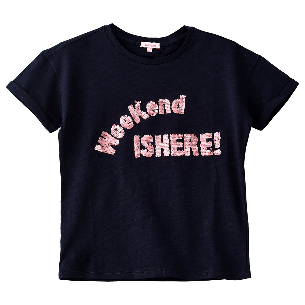 Jelliene Printed Round Neck Short Sleeve Boxy Fit Knit Top - Navy Blue