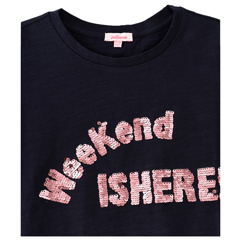 Jelliene Printed Round Neck Short Sleeve Boxy Fit Knit Top - Navy Blue
