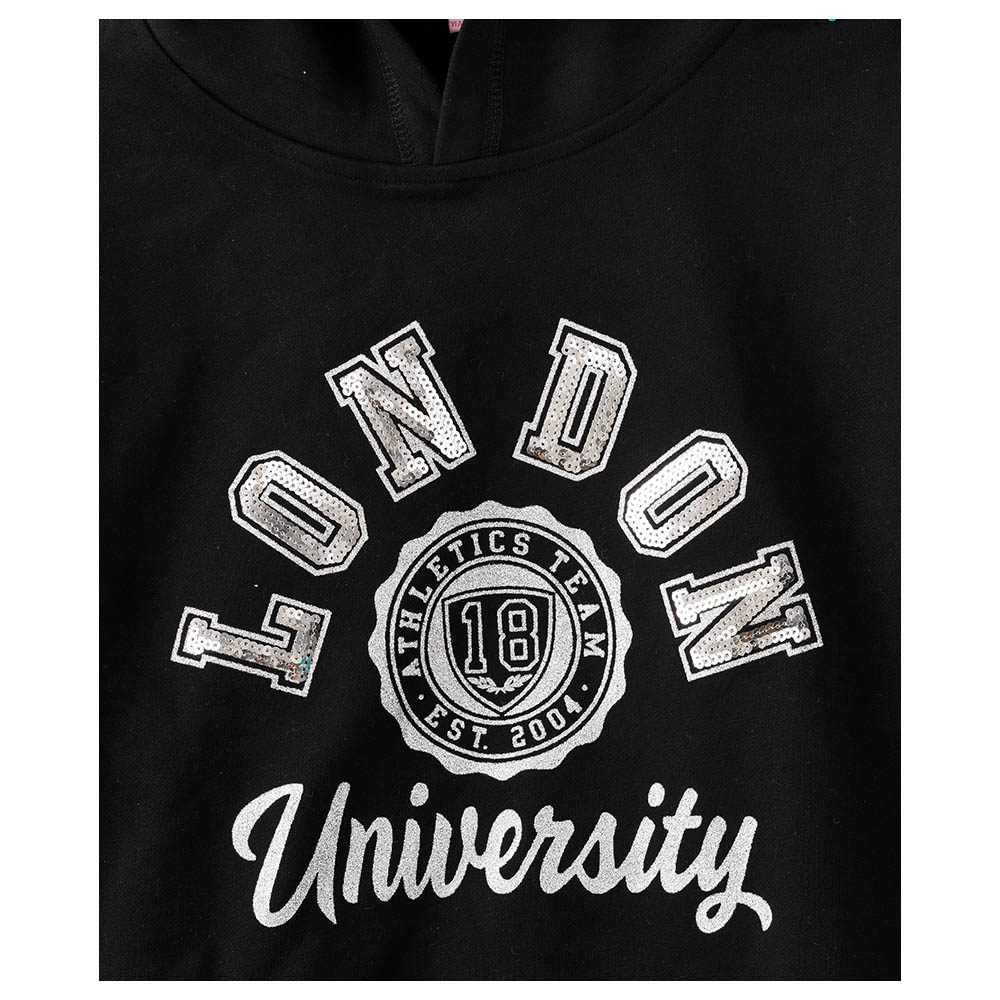 Jelliene Printed Knit Hooded Sweat Top - Black