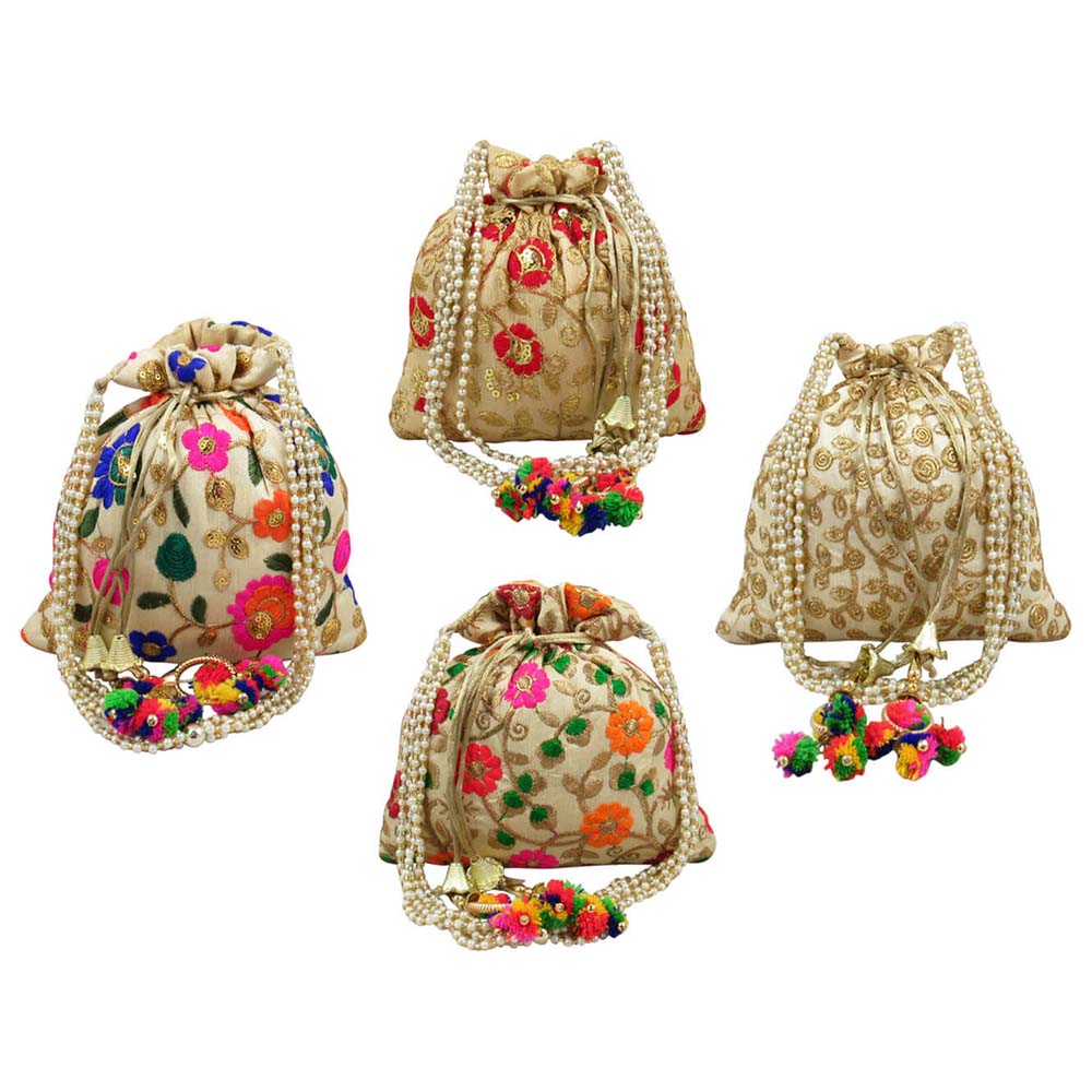 Kaf Craft - Set of 4 Handcrafted Ethnic Drawstring Bag/Purse - Assorted