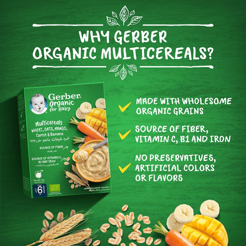 Gerber - Organic Cereal 200g - Wheat, Oats, Mango, Carrot & Banana
