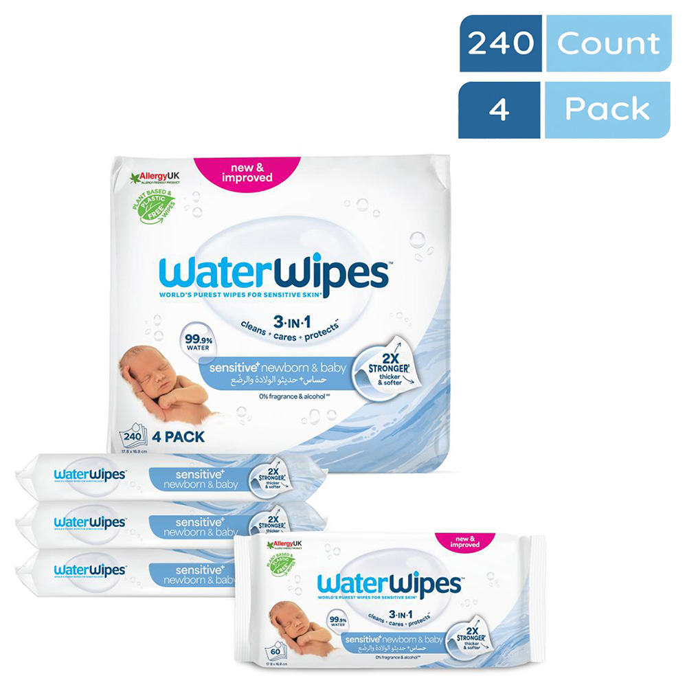 WaterWipes - Sensitive+ Baby Wipes, Unscented, 99.9% Water - 240 Count